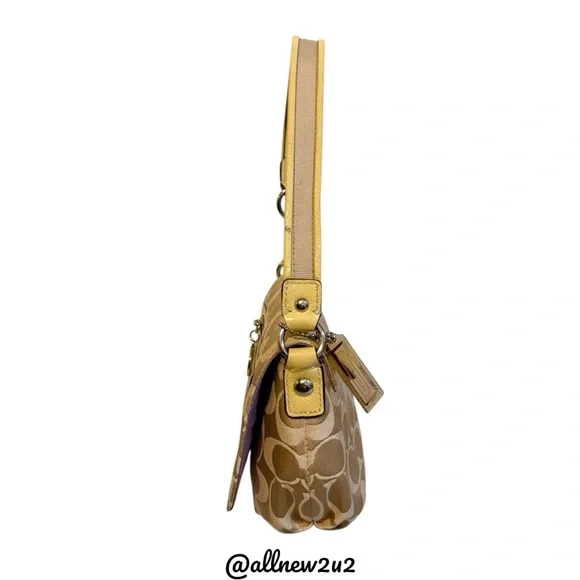 Coach Poppy Signature Tan Yellow Leather Accents W Gold Hardware Shoulder Bag - Picture 6 of 10
